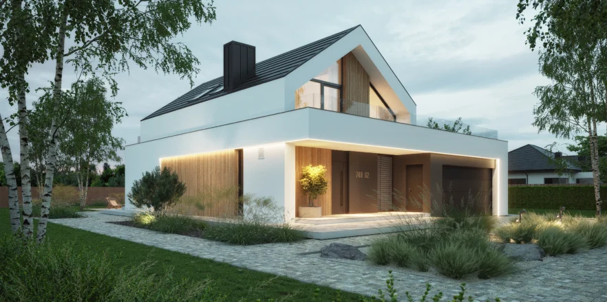 Nowoczesny dom jednorodzinny NewHouse 749 G2 z dachem dwuspadowym i dużymi przeszkleniami