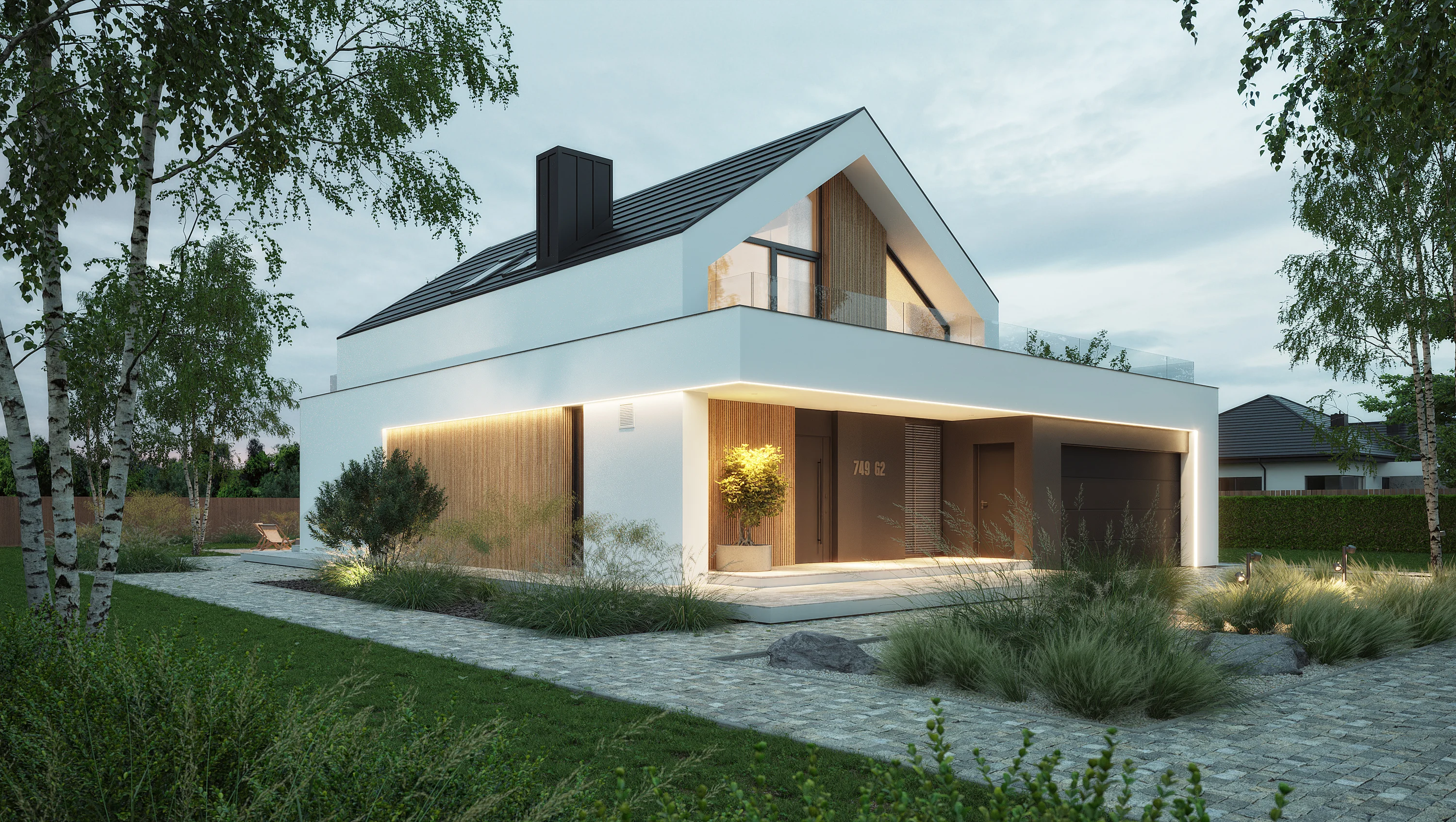 01 Projekt malego domu z 3 sypialnami gabinet na parterze garaz na dwa auta Modern House New House 749 G2