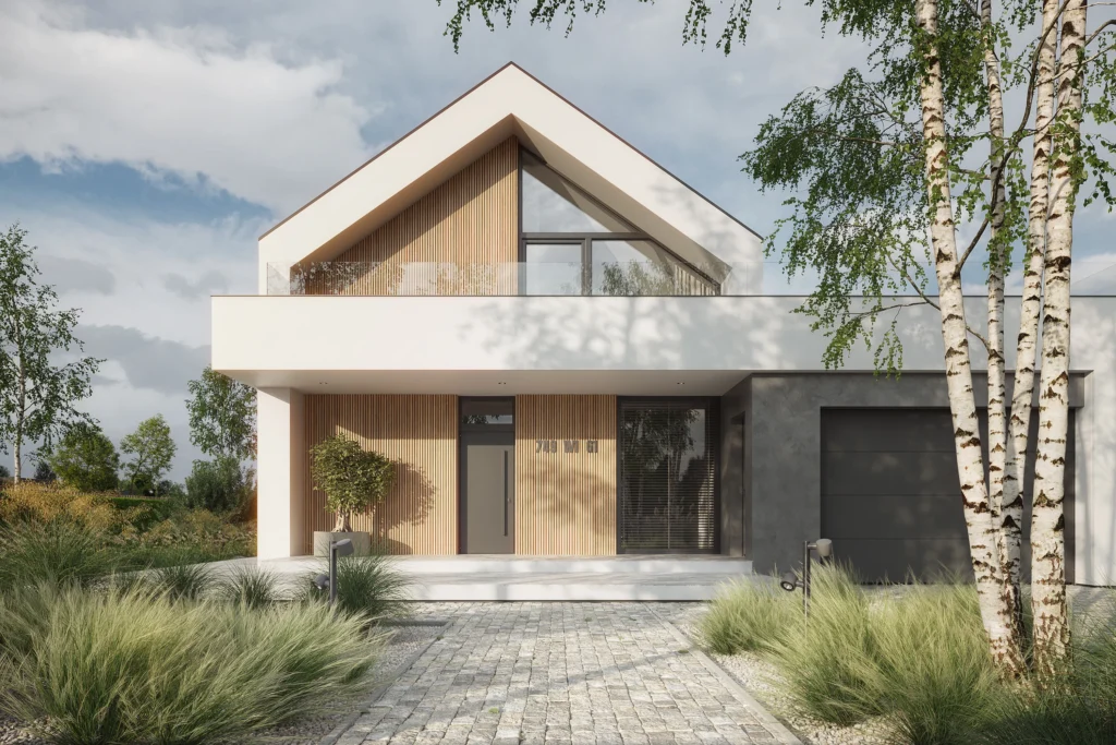 Nowoczesny dom od frontu – NewHouse 749 w1 G1 z garażem bocznym