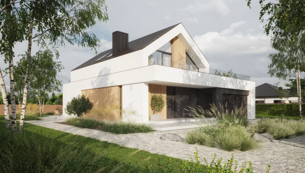 Projekt domu NewHouse 749 G2 – minimalistyczna bryła z białą elewacją i drewnianymi akcentami