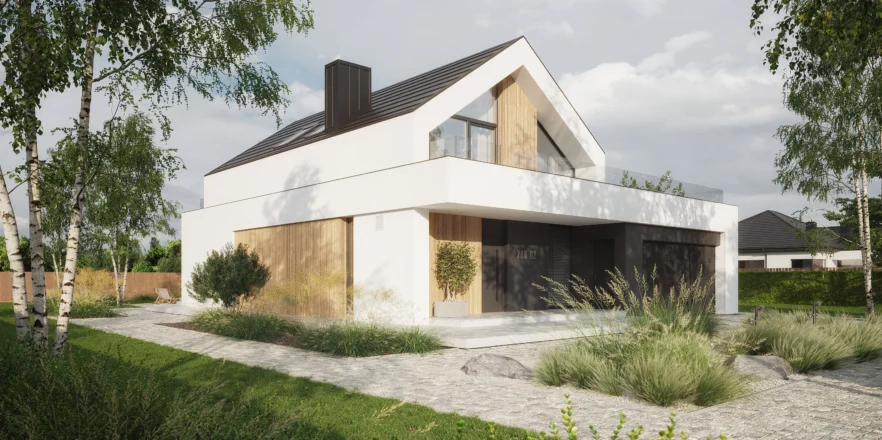 Projekt domu NewHouse 749 G2 – minimalistyczna bryła z białą elewacją i drewnianymi akcentami