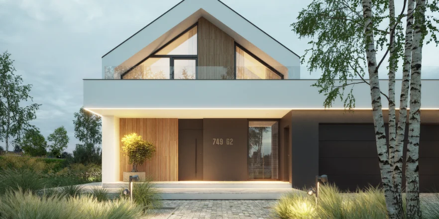 Nowoczesna stodoła NewHouse 749 G2 – elegancka elewacja z drewnem i antracytowymi dodatkami