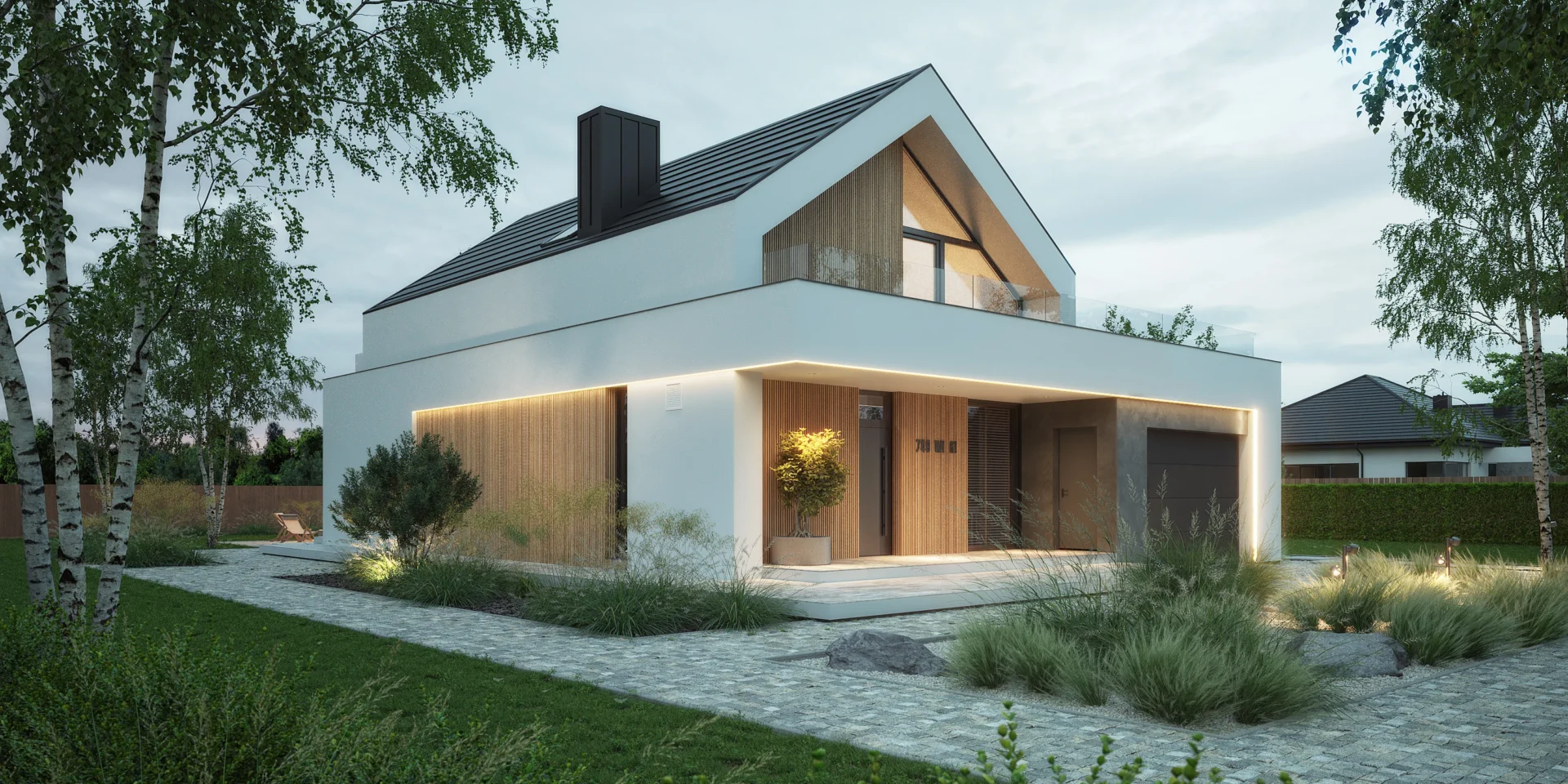 NewHouse 749 w1 G1 – nowoczesny dom z poddaszem i panoramicznymi przeszkleniami