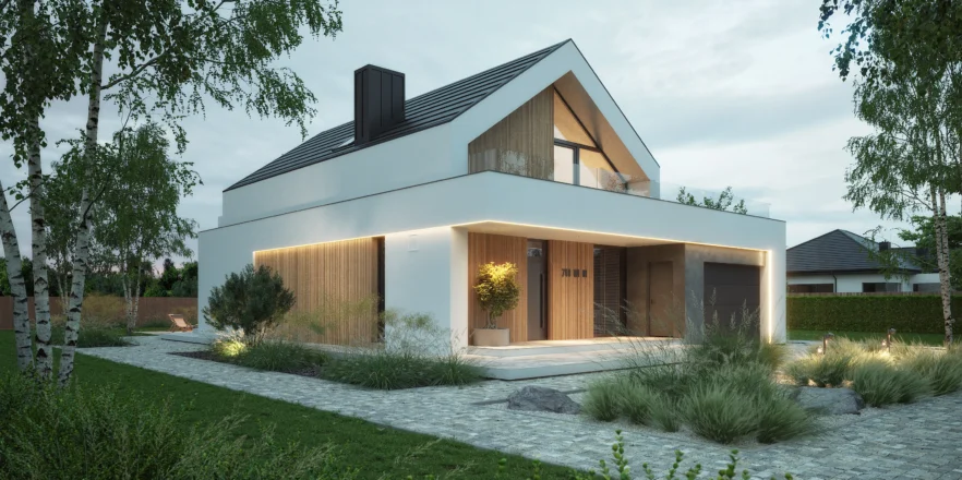 NewHouse 749 w1 G1 – nowoczesny dom z poddaszem i panoramicznymi przeszkleniami