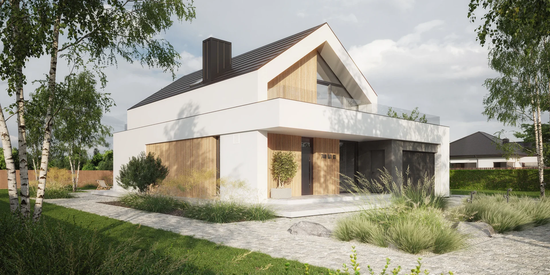 Dom NewHouse 749 w1 G1 – minimalistyczna bryła, garaż na jedno auto, drewno i biała elewacja