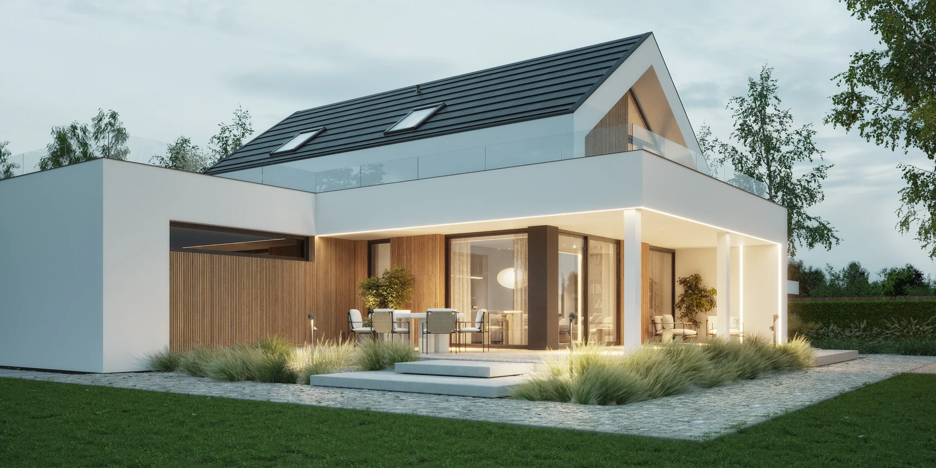 Stylowy dom NewHouse 749 G2 z bezokapowym dachem i nowoczesnym tarasem