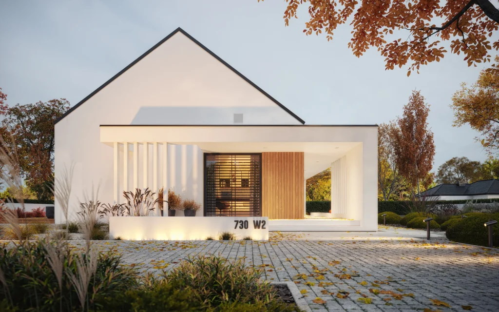 05 Projekt NewHouse 730 w2 Modern House projekt parterowy w stylu stodoly z wejsciem z boku