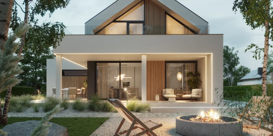 Dom z białą elewacją i drewnianymi akcentami – widok od strony ogrodu NewHouse 749 w1 G1