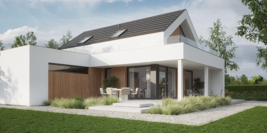 Elewacja ogrodowa domu NewHouse 749 G2 z dużymi oknami i naturalnym wykończeniem