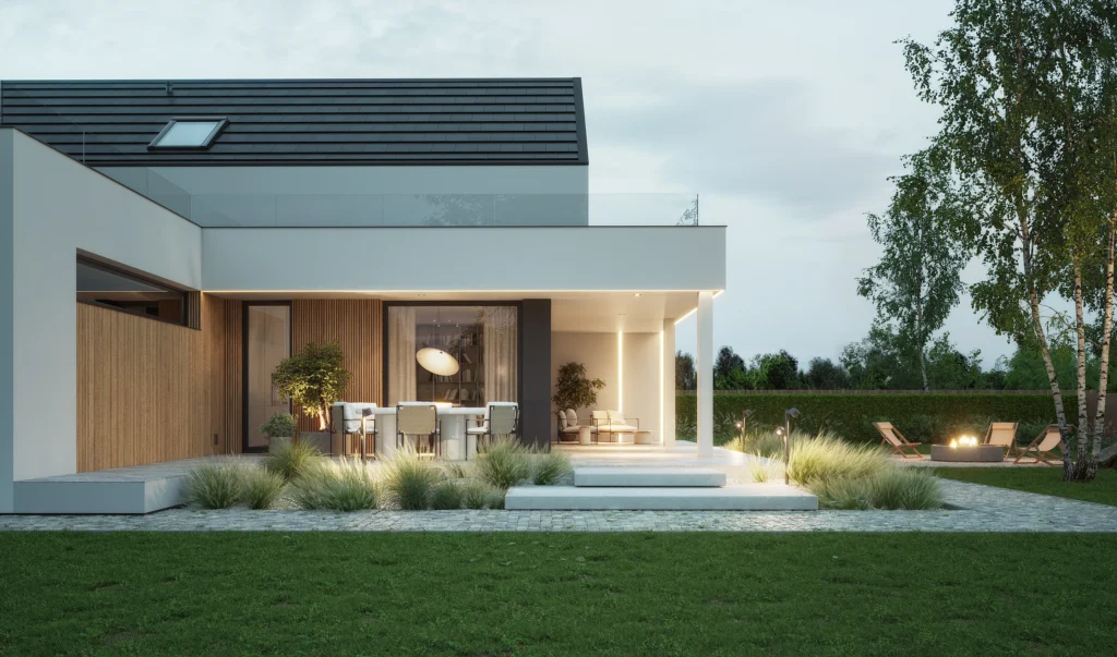 Dom jednorodzinny NewHouse 749 G2 w stylu nowoczesnej stodoły z drewnianą okładziną