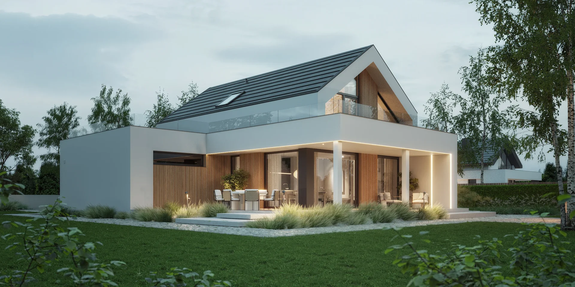 Dom z dachem dwuspadowym i garażem nad którym jest taras widziany od strony ogrodowej projekt NewHouse 749 w1 G1