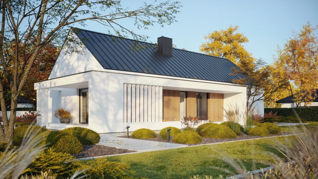 Lamele, belki, ogrodzenie aluminiowe - nowoczesny dom gotowy na detale 3 08 Katalogowy projekt NewHouse 730 w2 Modern House parterowka z dwuspadowym dachem bez garazu
