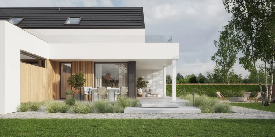 Dom z poddaszem użytkowym NewHouse 749 G2 z tarasem i panoramicznymi oknami