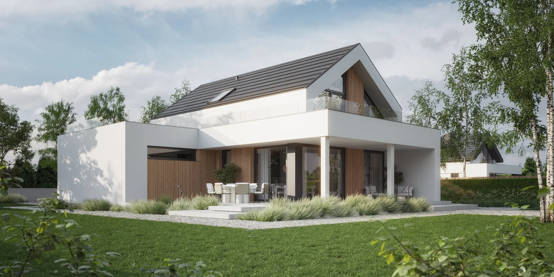 Widok na tył domu z garażem ulokowanym z boku budynku projekt NewHouse 749 w1 G1