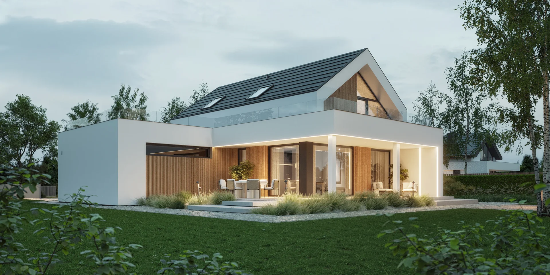 Nowoczesny dom z poddaszem, dużymi przeszkleniami i zadaszonym tarasem przy salonie widok od ogrodu, projekt NewHouse 749 G2