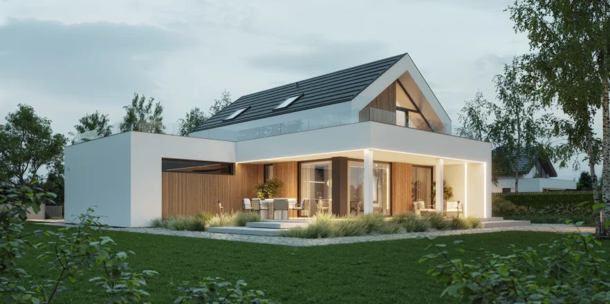 Nowoczesny dom z poddaszem, dużymi przeszkleniami i zadaszonym tarasem przy salonie widok od ogrodu, projekt NewHouse 749 G2