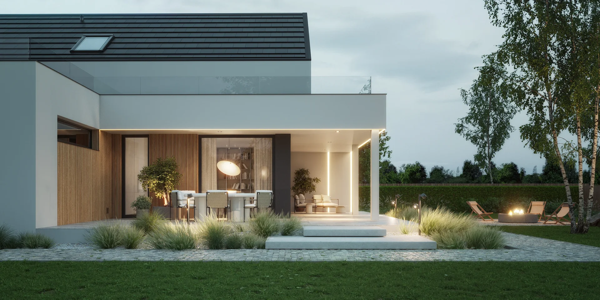 Widok z boku na dom z tarasem projekt NewHouse 749 w1 G1