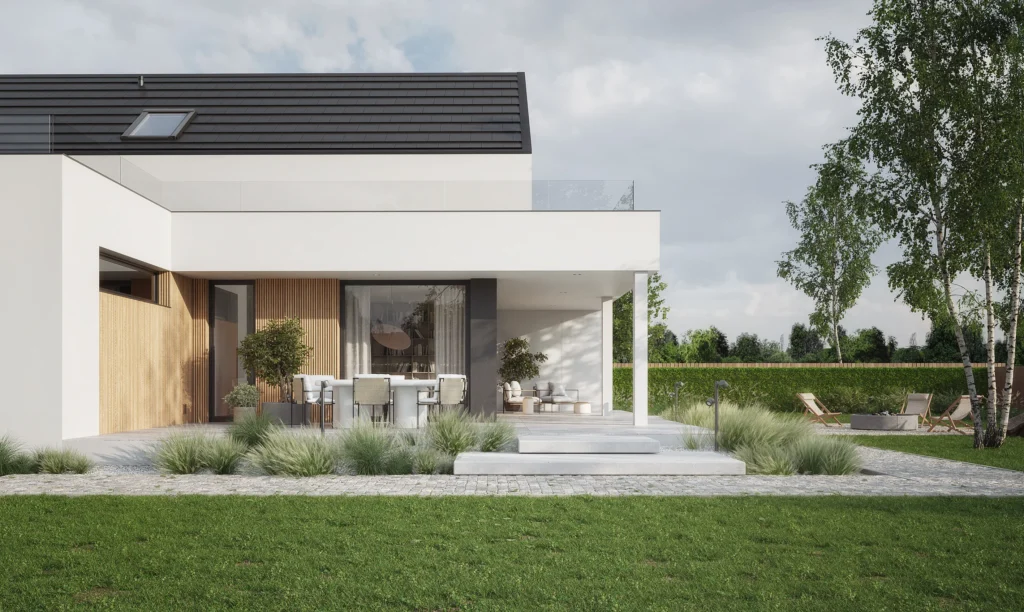 Widok nowoczesnego domu ze strefami wypoczynkowymi na tarasie za domem projekt NewHouse 749 w1 G1