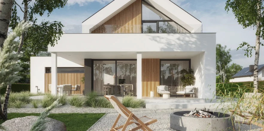 Dom w stylu stodoła z przestronnym tarasem nad parterem i zadaszonym tarasem na dole, widok od ogrodu NewHouse 749 G2