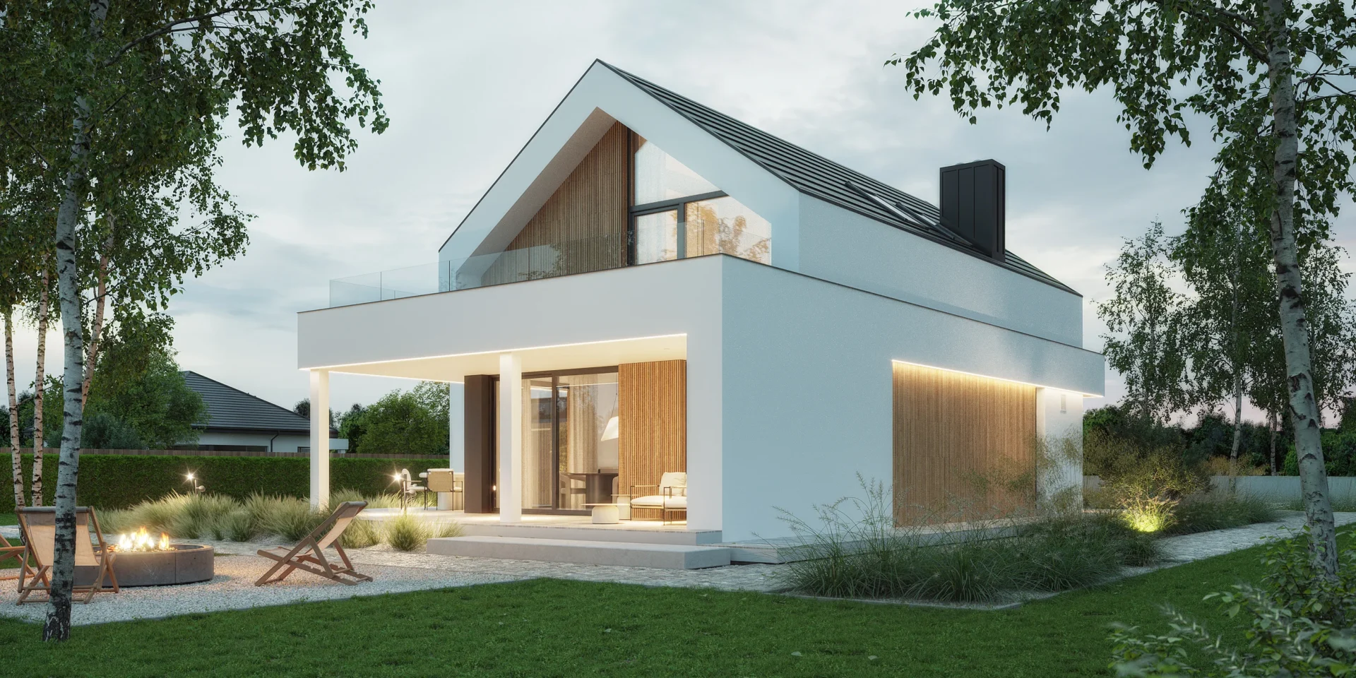 Nowoczesny dom z poddaszem, jasną elewacją z dodatkiem drewna i szklanymi balustradami na tarasie, projekt NewHouse 749 G2