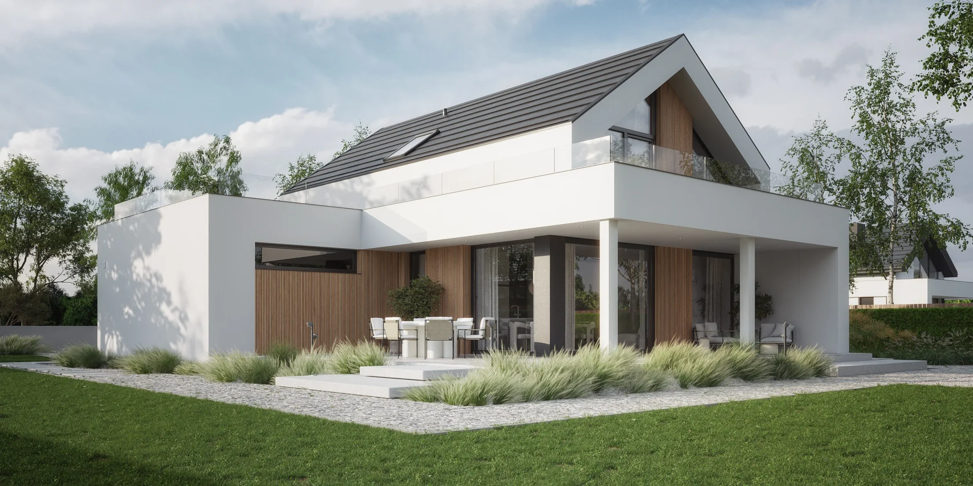 Widok na tylną elewację domu z garażem z boku budynku i zadaszonym tarasem projekt NewHouse 749 w1 G1