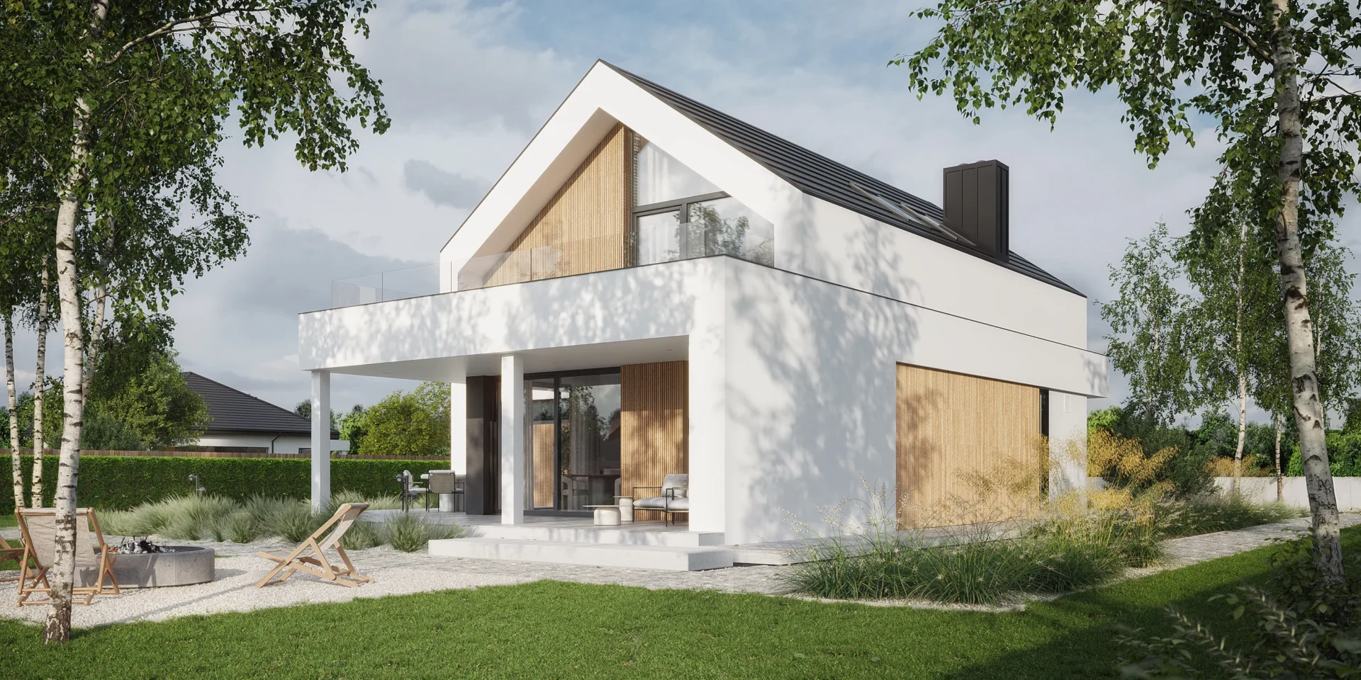 Widok od ogrodu na niewielki dom z minimalistyczną elewacją i grafitową dachówką, projekt NewHouse 749 G2