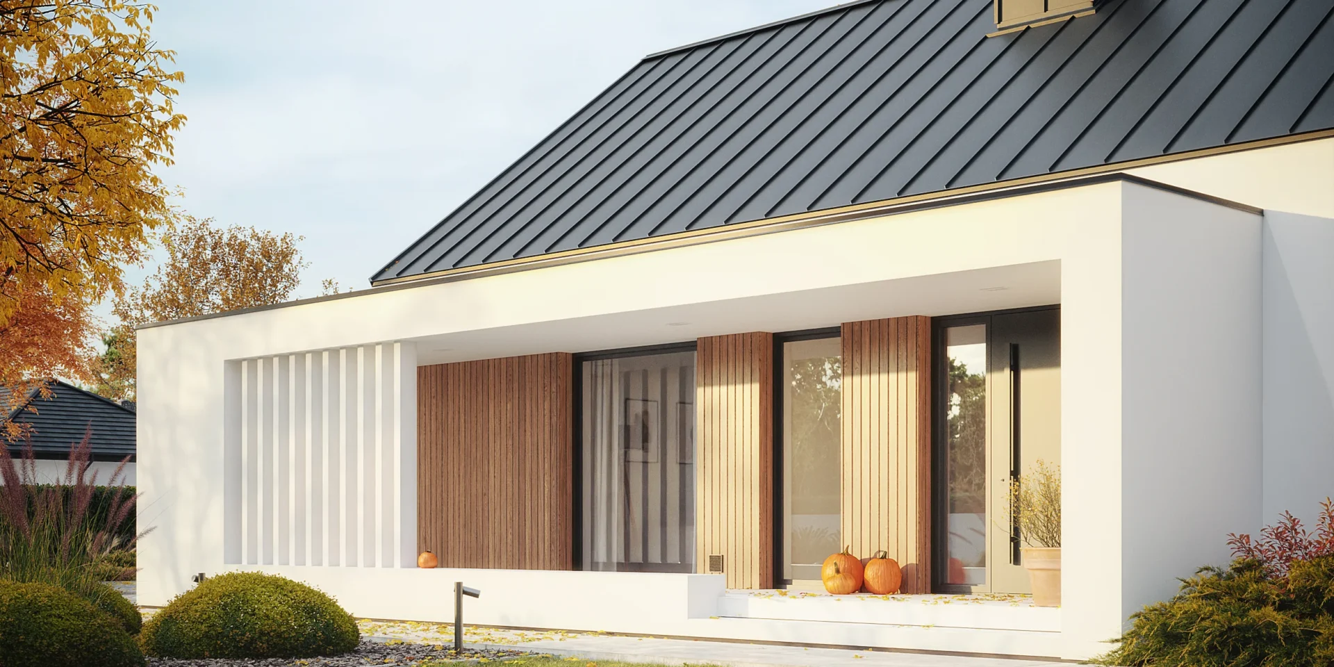 Strefa wejściowa parterowego domu zlokalizowana pod zadaszeniem wspartym na ścianie i białych słupkach tworzących ażurową ścianę projekt NewHouse 730 w1