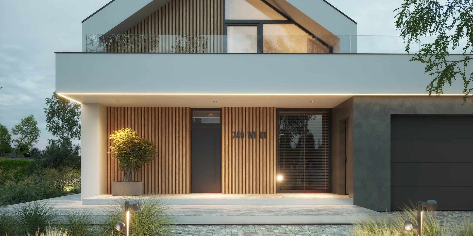 Widok na wejście do domu zadaszone balkonem i podświetlone ledem projekt NewHouse 749 w1 G1