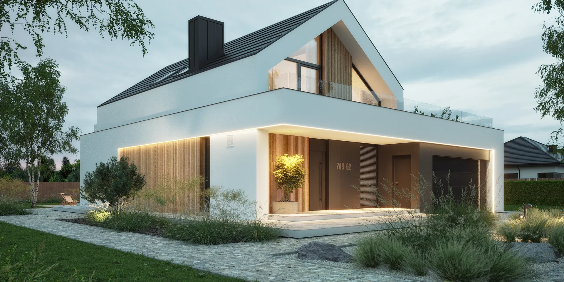 Widok na front domu z dachem dwuspadowym z lekko wysuniętą bryłą garażu projekt NewHouse 749 G2