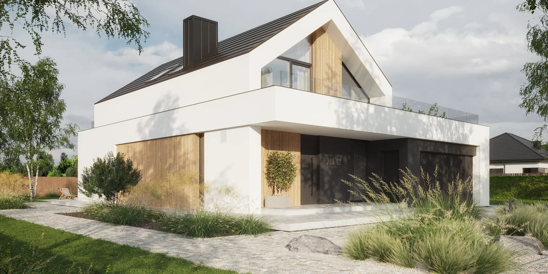 Front domu jednorodzinnego z tarasem nad garażem, duże przeszklenia w sypialniach poddasza NewHouse 749 G2