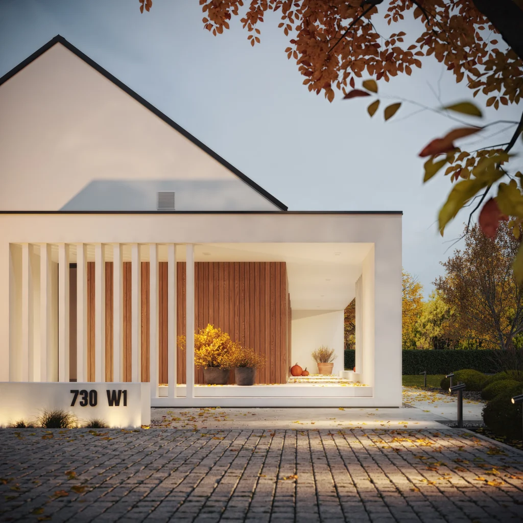 Zadaszona strefa wejściowa z pionowymi belkami projekt NewHouse 730 w1
