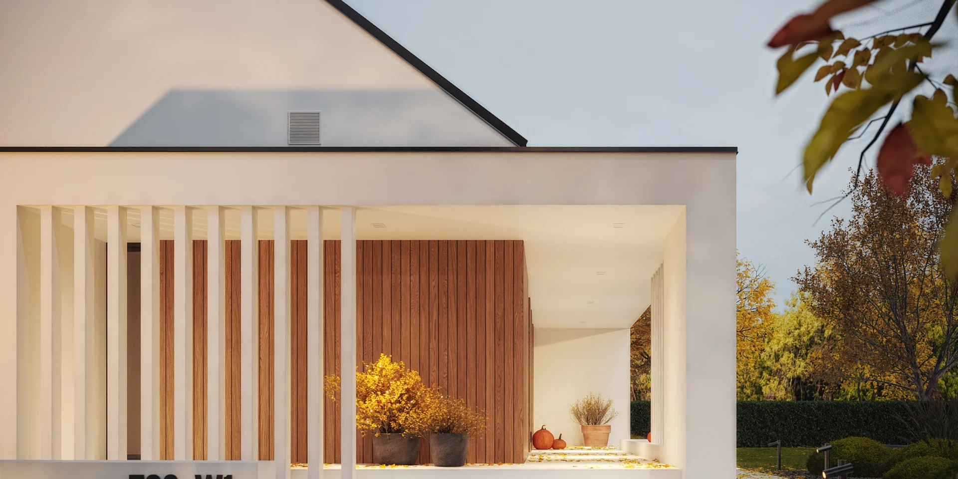 Zadaszona strefa wejściowa z pionowymi belkami projekt NewHouse 730 w1