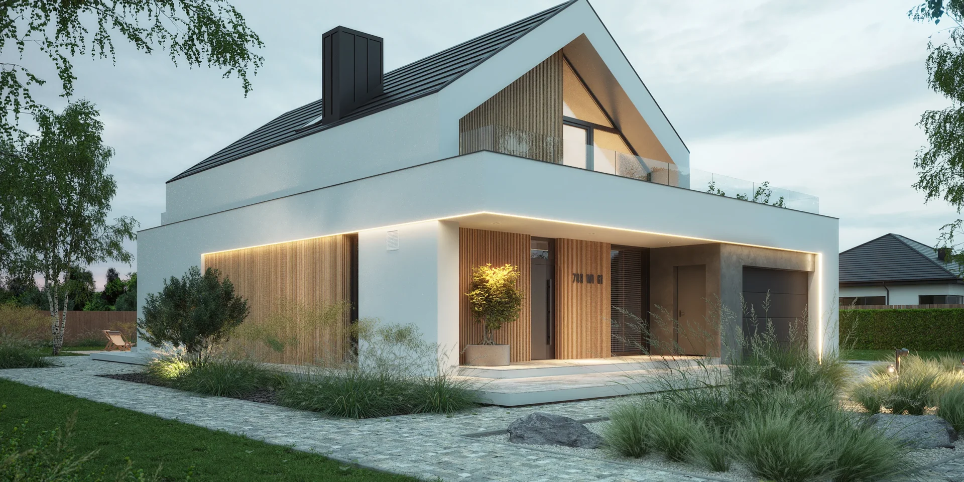 Nowoczesny dom z trapezowym przeszkleniem od frontu domu projekt NewHouse 749 w1 G1