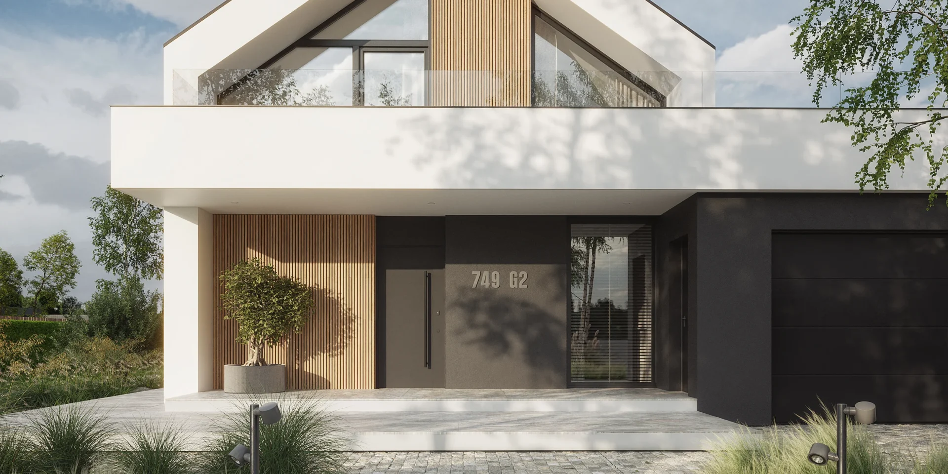 Zadaszone wejście do domu w typie nowoczesnej stodoły z garażem NewHouse 749 G2