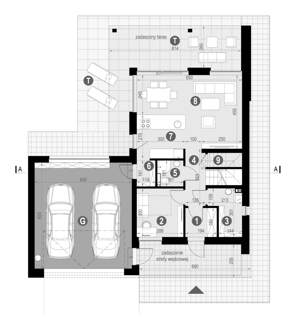 Rozkład pomieszczeń na parterze projekt NewHouse 749 w1 G2