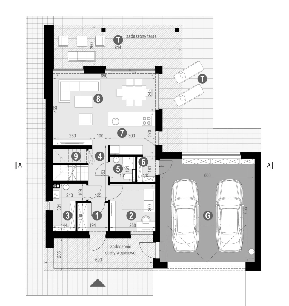 Układ funkcjonalny parteru projekt NewHouse 749 w1 G2