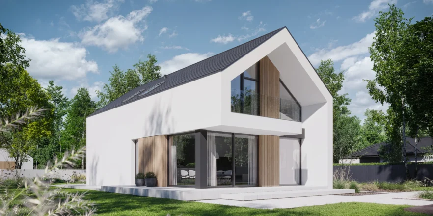 Nowoczesny dom z jasną elewacją, bezokpowym dachem i dużymi przeszkleniami od strony ogrodu projekt NewHouse 758