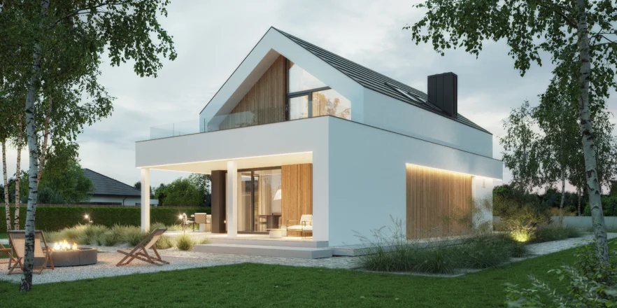 Mały dom z poddaszem i dużymi przeszkleniami projekt NewHouse 749 G1