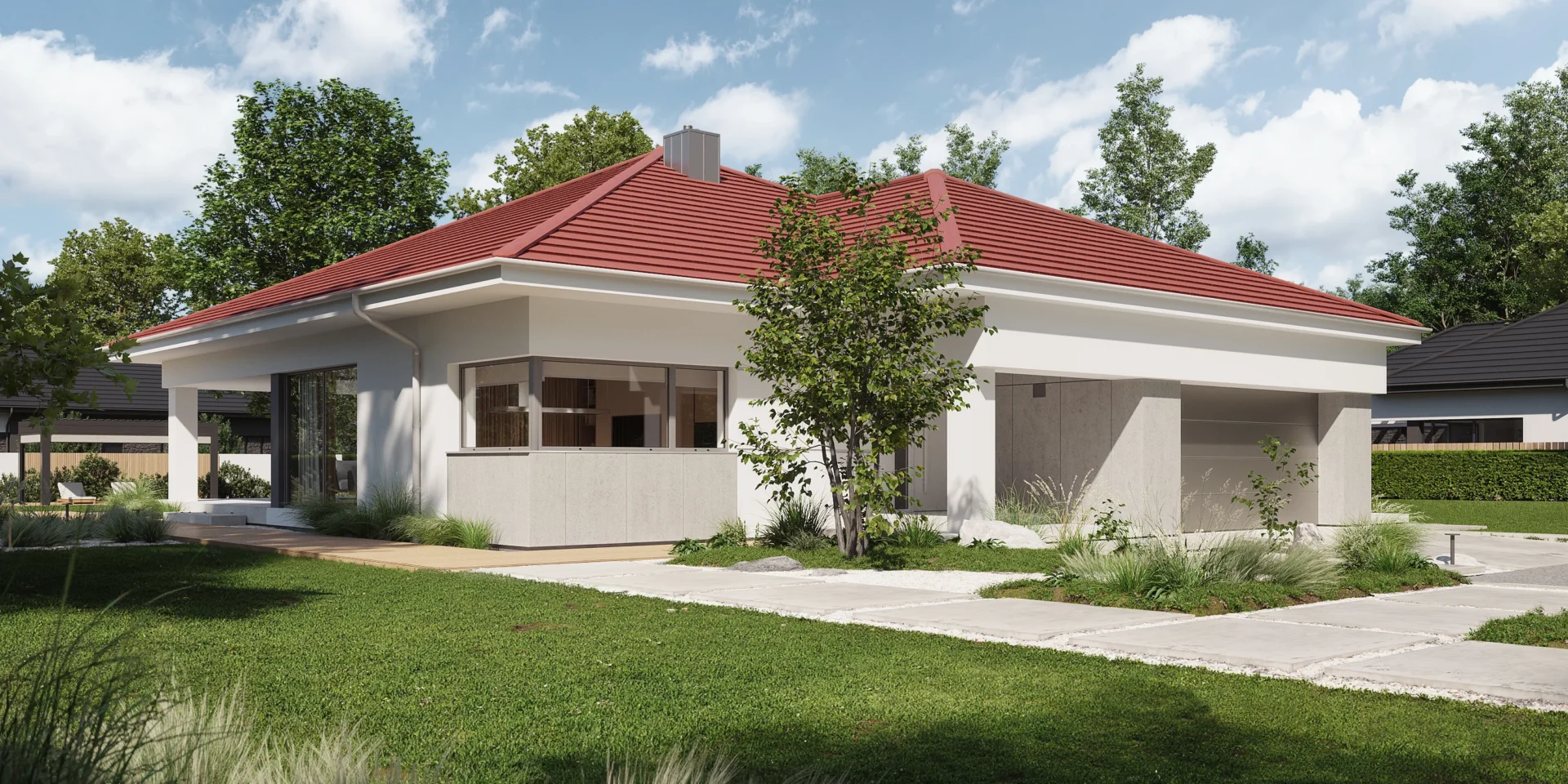 Parterowy dom z czerwoną dachówką i elewacją w białym tynku połączonym z szarym spiekiem projekt NewHouse 767 red