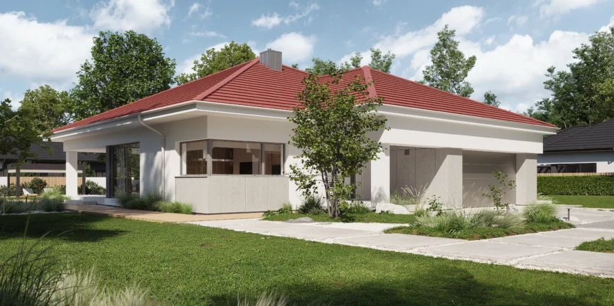 Parterowy dom z czerwoną dachówką i elewacją w białym tynku połączonym z szarym spiekiem projekt NewHouse 767 red
