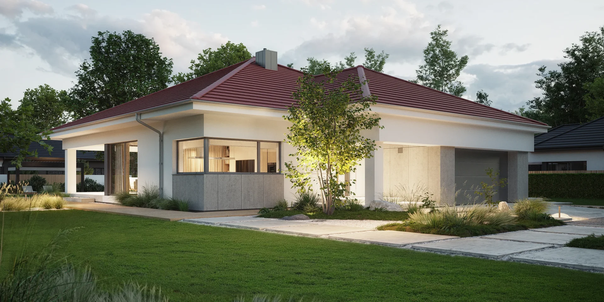 Widok z boku na front domu parterowego z naroznym oknem w kuchni i wysuniętym garazem projekt NewHouse 767 red