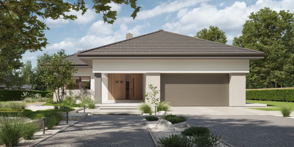 03 Projekt parterowego domu z zadaszonym tarasem i wejsciem NewHouse 767 w1 Modern House