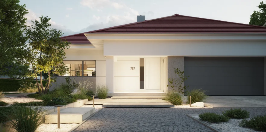Front domu z wielospadowym dachem przeciągniętym nad wejście projekt NewHouse 767 red