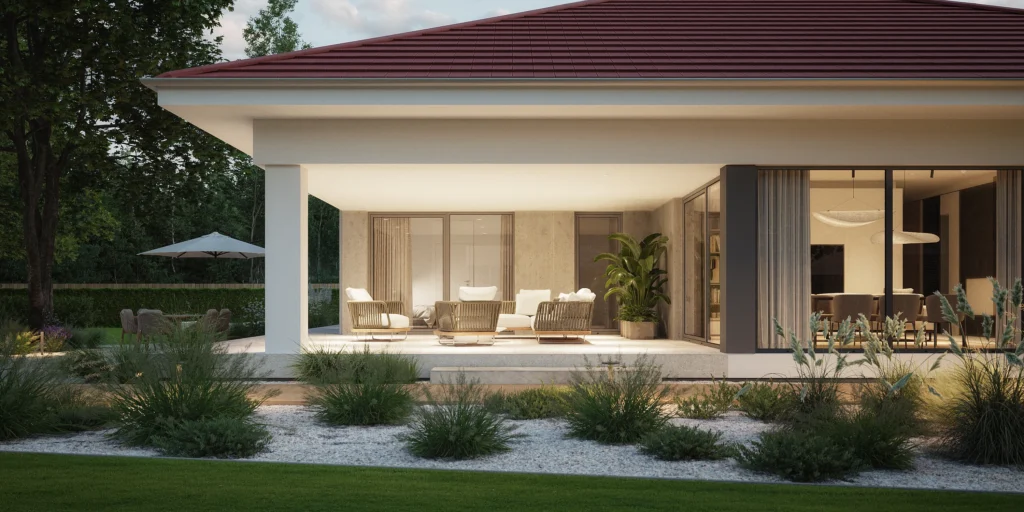 10 Gotowy projekt domu parterowego zadaszony taras 3 pokoje garaz dwustanowiskowy duza strefa dzienna NewHouse 767 w1 red Modern House