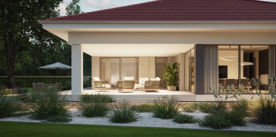 Widok z boku na zadaszony taras przy salonie NewHouse 767 red