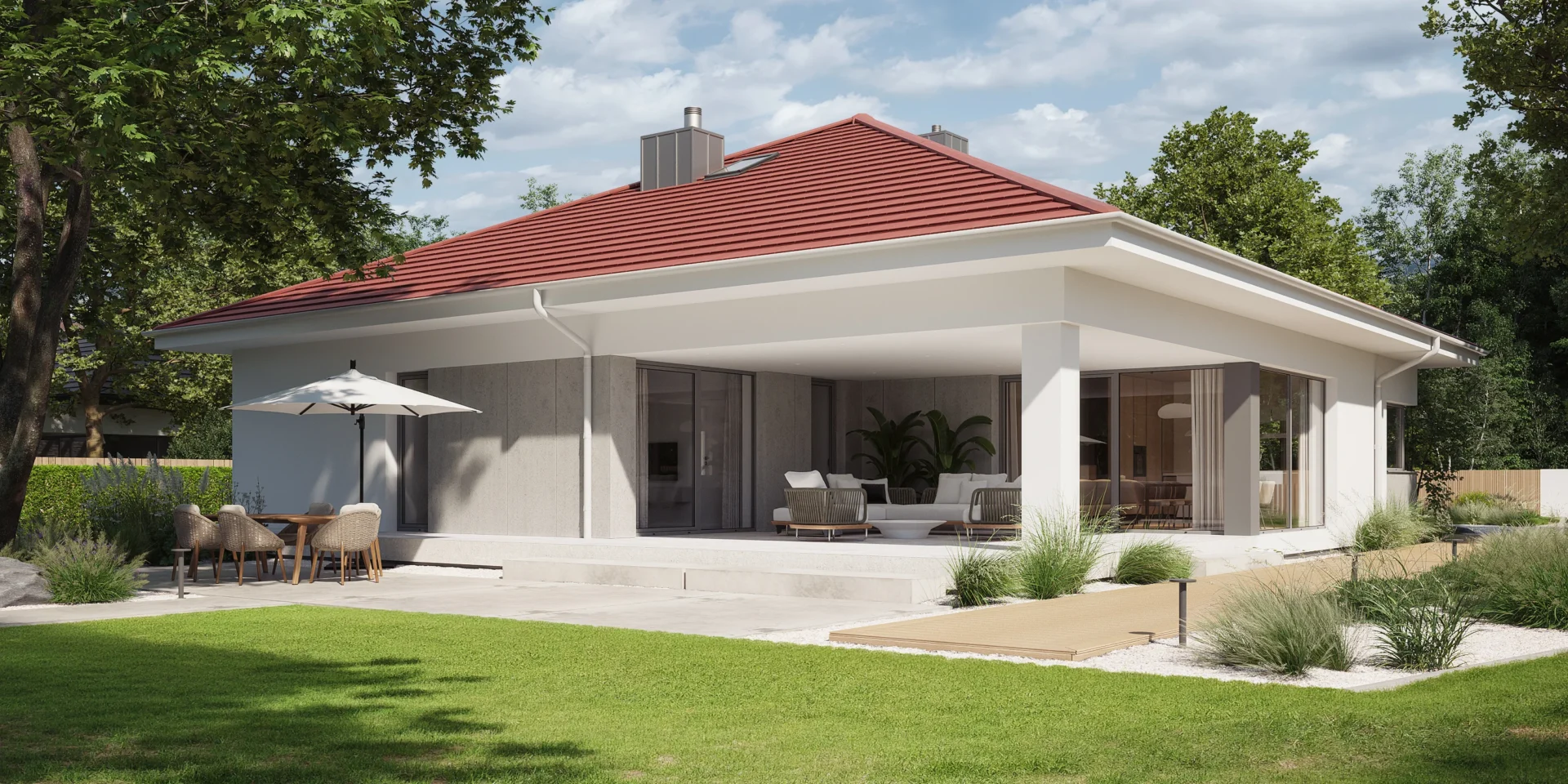 Widok od ogrodu na parterowy dom z dachem o kącie 25 stopni i czerwoną dachówką projekt NewHouse 767 red