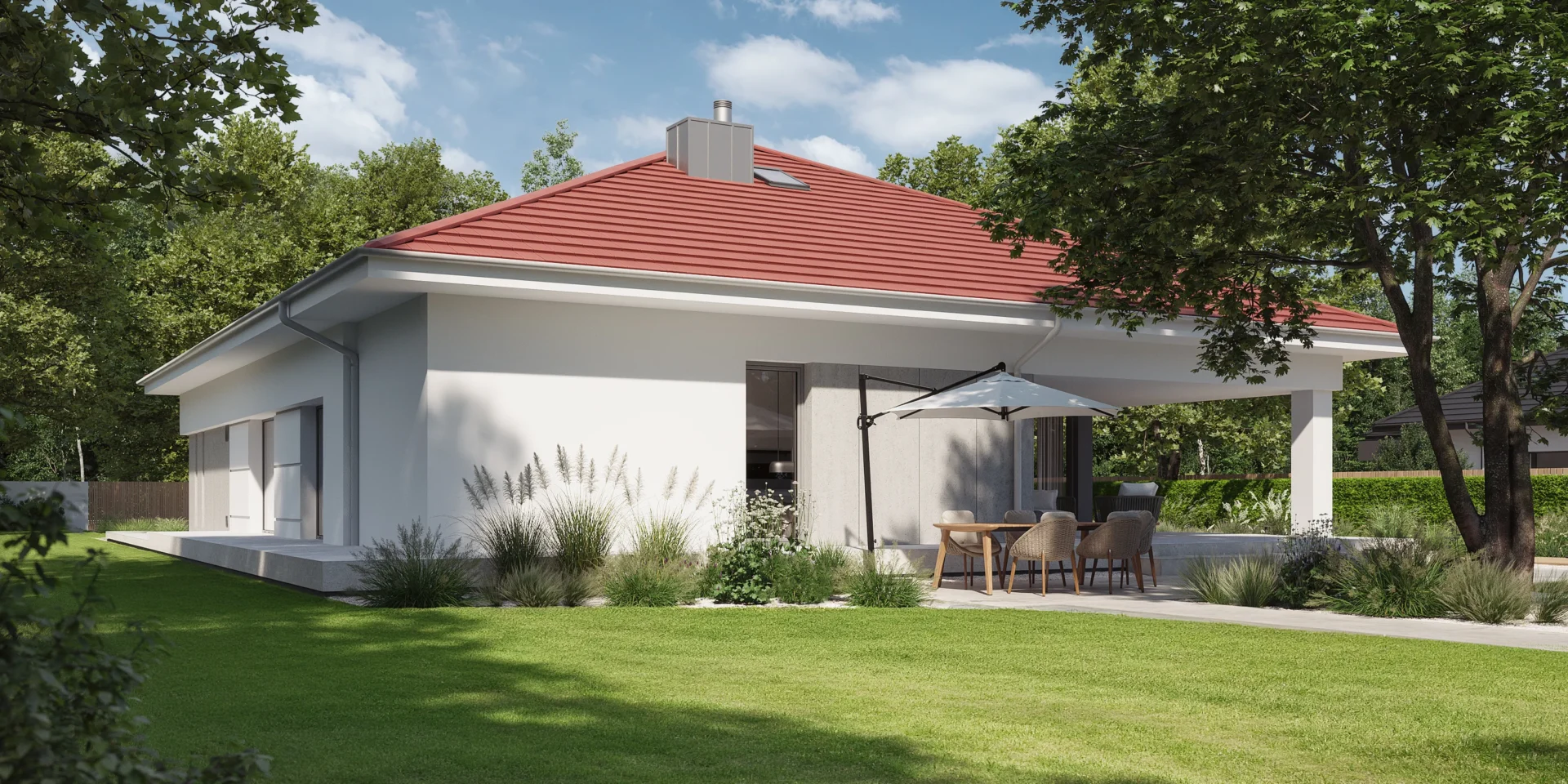Widok na parterowy dom z białą elewacją z szarymi oknami i czerwonym dachem projekt NewHouse 767 red