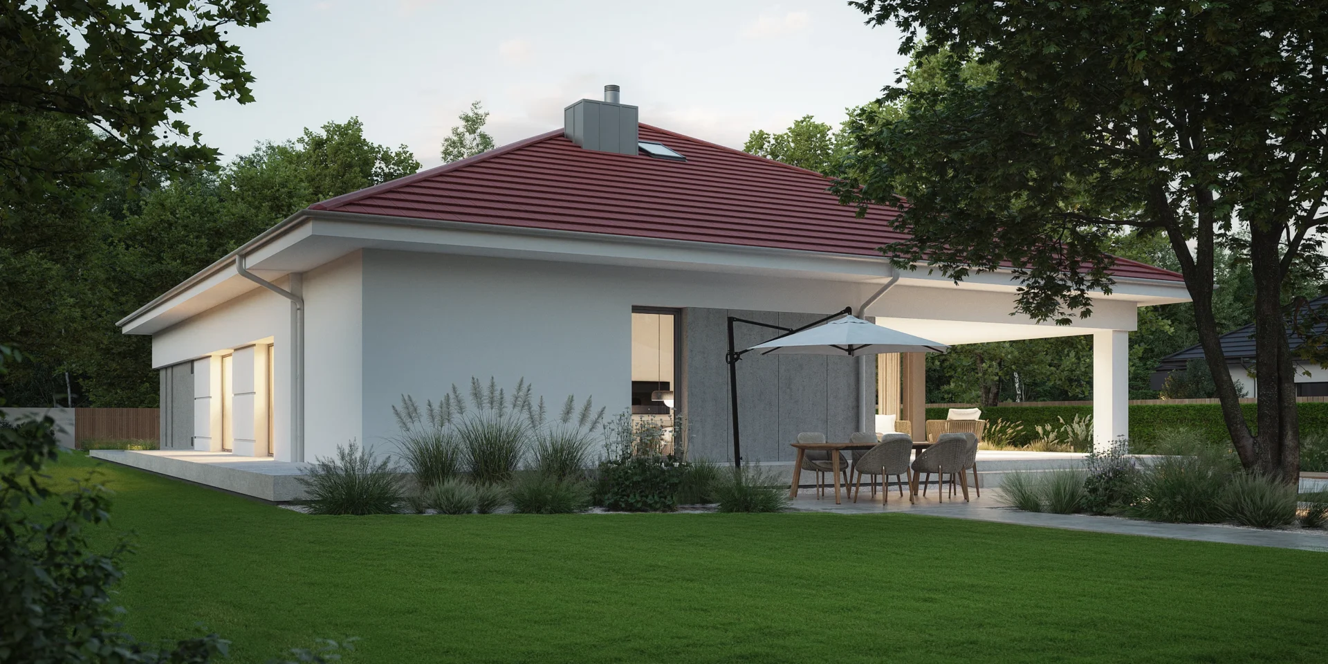 Parterowy dom z białą elewacją z dodatkiem szarego spieku i czerwonym dachem projekt NewHouse 767 red