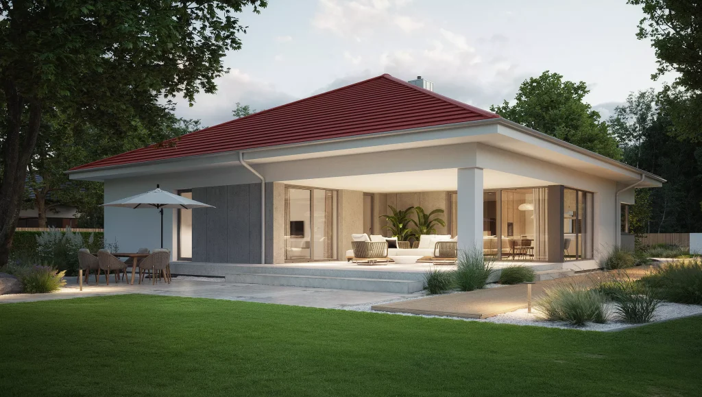 Styropian – co to za materiał, z czego powstaje i jakie ma właściwości? 3 01 Projekt domu do 155 metrow parterowy 4 sypialnie Modern house NewHouse 767 w2 red 1