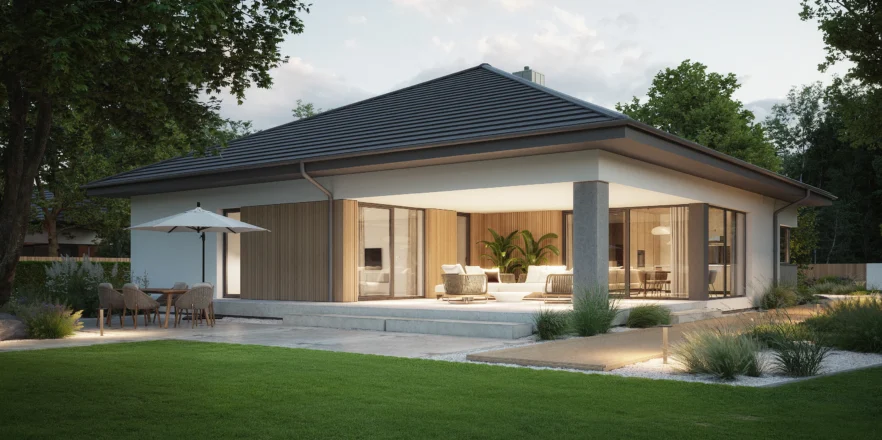Parterowy dom z dużymi przeszkleniami i narożnym tarasem projekt NewHouse 767 w2